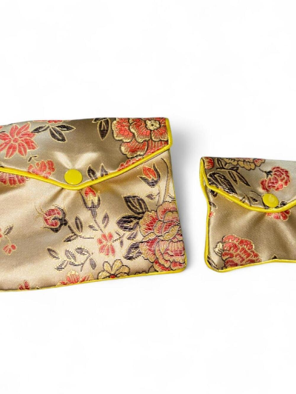 Gold Floral Clutch Set with Red and Black Flowers and Yellow Trim - 2P